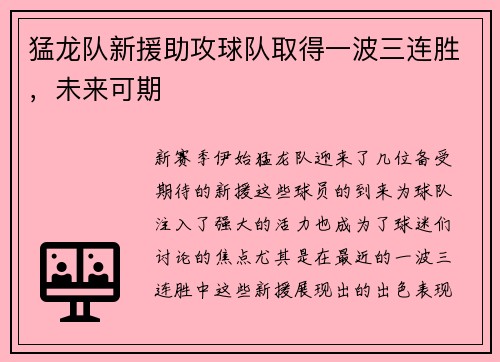 猛龙队新援助攻球队取得一波三连胜，未来可期