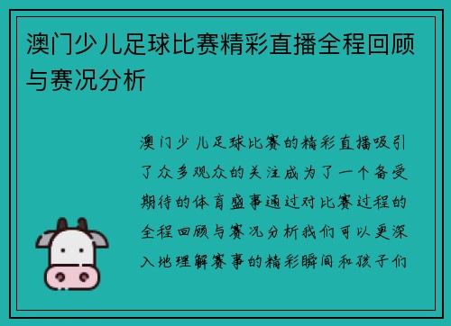 澳门少儿足球比赛精彩直播全程回顾与赛况分析